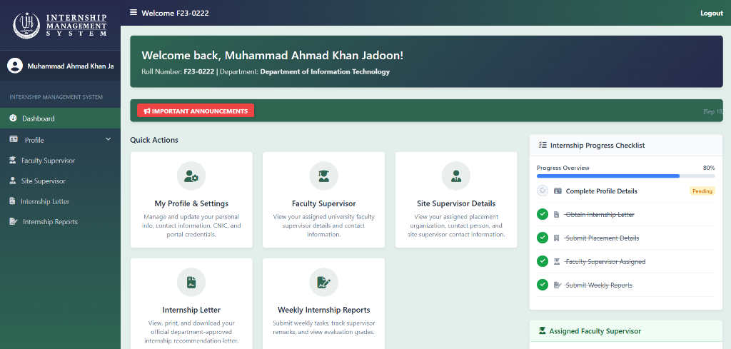 University of Haripur Internship Management System Student Dashboard